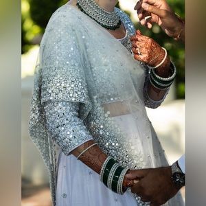 Abhinav Mishra White and Silver Raw Silk and Net Lehenga Size 6